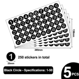 5pcs/Bag Number 1-50 Color Circular Adhesive Sticker -1 Inch Waterproof Code Number Label Clothing Size Label