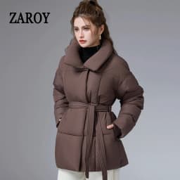 ZAROY Women Winter Belted Jacket Elegant Stand Collar Windproof Puffer Coat Cotton Padded Thick Warm Snow Parkas Overcoat куртка