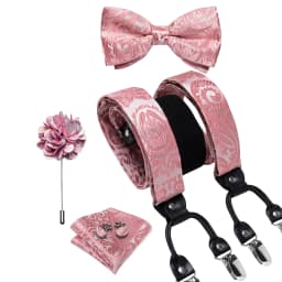 Luxury White Men's Suspenders Adjustable 6 Clips Braces DiBanGu Leather Metal Pre-Tied Bow Tie Brooch Pocket Square Set
