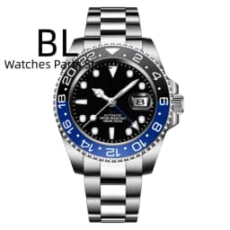 BLIGER 40mm Customizable Logo Blue GMT Watch For Men Black White Dial Green Luminous Sapphire Glass Waterproof Reloj Hombre Date