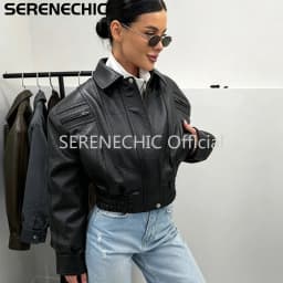 SERENECHIC Textured PU Aviator Coat with Elastic Hem Women's Black Cropped Faux Leather Jacket New Vintage Outerwear Female