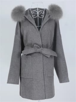 OFTBUY New Oversize Loose Cashmere Wool Blends Real Fur Coat Winter Jacket Women Natural Fox Fur Collar Hood Outerwear Belt
