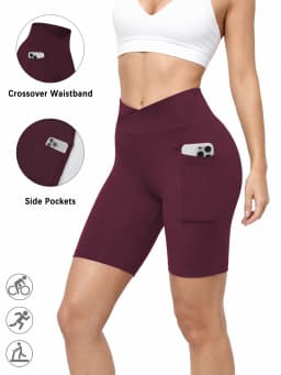Women's Super Soft Crossover High Waisted Biker Shorts With Pockets Tummy Control No See Through Workout Yoga Running Shorts