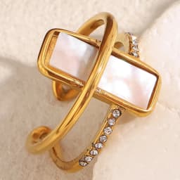 E.B.belle Double Layers Luxury Rhinestone White Rectangle Shell Cuff Ring Stainless Steel Women Party Dating Jewelry Accessories