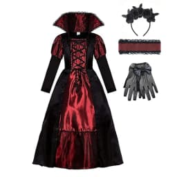 Vampire Queen Cosplay Costume Medieval Gothic Black Red Long Dress With Lace Collar Girls Halloween Party Role Play Fancy Outfit