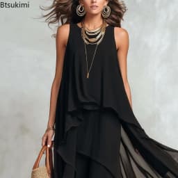 Women's Elegant Solid Dress Summer Casual O Neck Sleeveless Asymmetrical Ruffle Layered Chiffon Maxi Dress Holiday Party Dress