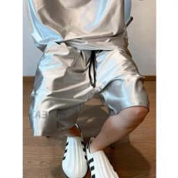 Men Shiny Silver Casual Shorts with Pockets Oversize Elastic Waist American Trendy Sports Pants Glossy Party High Street Bottoms