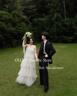 OLOEY Soft Layered Tulle Floor Length Wedding Dresses Korea Photoshoot Spaghetti Straps Bridal Gown Vestido De Noiva 2025