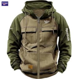 2026 Reebok New Autumn-Winter Men's Hooded Patchwork Casual Sweatshirt, Loose-Fit Fashionable Youth Multi-Pocket Padded Hoodie