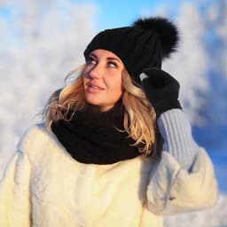 3Pcs Winter Knitted Beanie Hat Scarf Gloves Set Fleece Lined Pom Pom Hat Touchscreen Gloves Neck Warmer for Women Men Outdoor