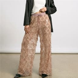 Glitter Sequin Fringe Mesh See Through Wide Leg Pants Elastic Waist Drawstring Sheer Palazzo Trousers Beach Party Club Cover Up