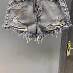 Worn Legs with Rough Edges Washed Black Denim Shorts 2026 Summer New Women Fashion A-line Wide Leg Hole Ripped Denim Shorts