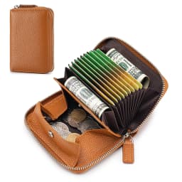 Genuine Leather Small Accordion Card Cases Holder For Women RFID Blocking Zipper Credit Card Wallet with Coin Pouch 2 Cash Slot