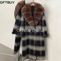 OFTBUY New Warm Winter Outerwear for Female Mid Long 100% Wool Coat Women Real Fox Fur Lapel Collar Vintage Plaid Woolen Jacket