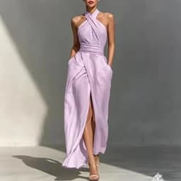 Chic Solid Front Split Boho Long Dress Woman Spring Sexy Off Shoulder Halter Party Dress Summer Sleeveless High Waist Maxi Dress