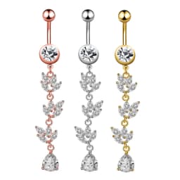 Butterfly-bow Dangled Navel Ring Piercing 14G Flower Heart Crystal CZs Belly Button Ring for Women Stainless Steel Belly Jewelry