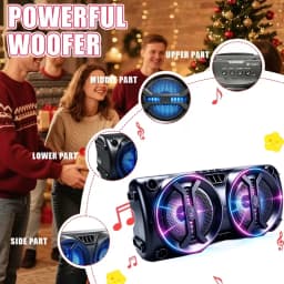 Portable wireless Bluetooth speaker with multi-mode colorful lights. Supports TF card, USB Type-C port and FM radio. Suitable for parties, outdoor camping, square dancing and other occasions. A lovely gift.