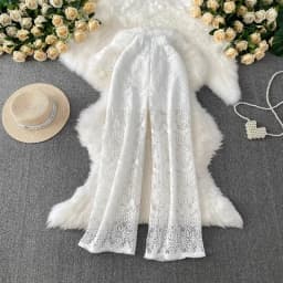 Summer Straight Pants for Women's 2025 New Bottoms High Waist Fashion Hollow Out Thin Pantalon Femme Korean Lace Trousers 63e165