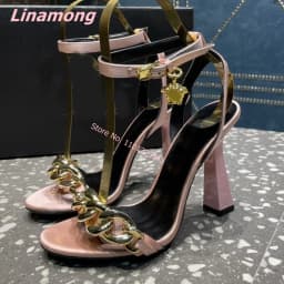 Round Toe Luxury Design Sandals 2024 Summer New Women Solid Thin High Heel Leather Sexy Luxury Metal Chain Wedding Party Shoes