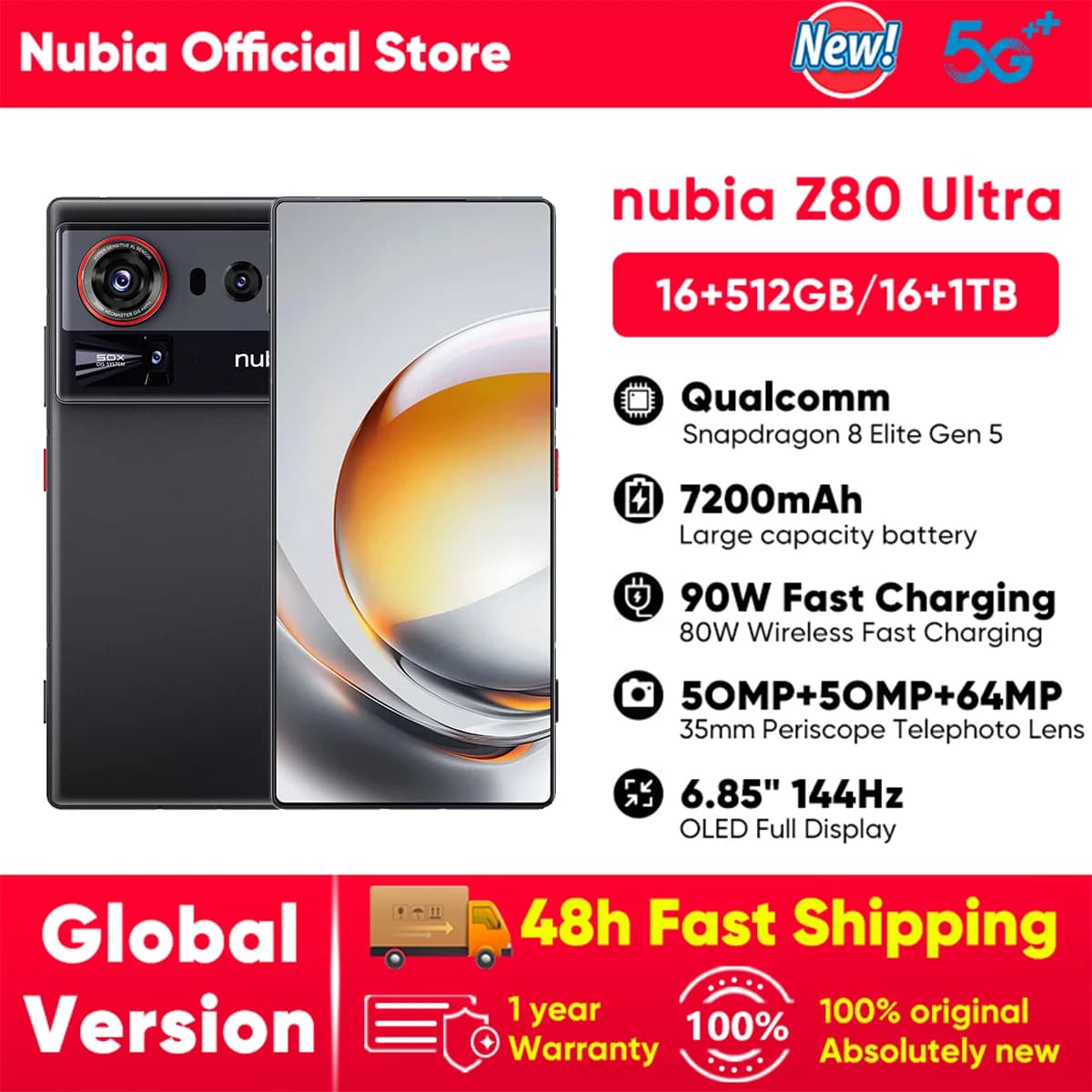 nubia Z80 Ultra 5G Smartphone Global Version Snapdragon 8 Elite Gen 5 6.85'' 144Hz OLED Display 7200mAh 80W Fast Charging 64Mp