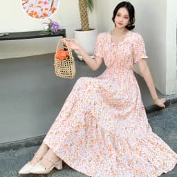 Summer New Cotton Silk Floral Print Maxi Dr ort Sve Beachwear High Waist Young Women's Large Skirt Swing Dr