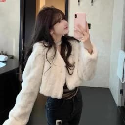 Chic V Neck Cropped Faux Rabbit Fur Jacket Women Elegant Single Button Plush Coats Woman Autumn Winter Fluffy Fleece Outerwear