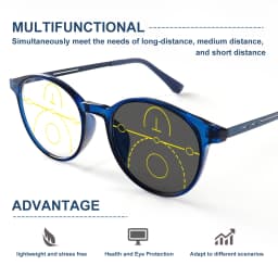 Progressive Multifocal Reading Glasses, Photochromic, Clear Vision, Round Frame, Lightweight to Wear, Stylish Appearance Suitable for Both Men and Women