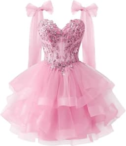 Bow Shoulder Strap Layered Chiffon Dress Starry Lace Three-dimensional Decal Youth Short Dance Sequin Dress Customized