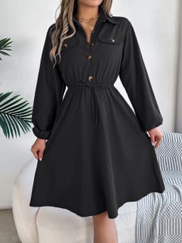 Autumn Winter Dresses for Women Casual Solid Color Button Tie Up Long Sleeved Shirt Dress Blue Green Black Red Woman Clothing