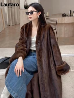 Lautaro Winter Long Vintage Elegant Luxury Chic Thick Warm Soft Brown Fluffy Faux Mink Fur Coat Women V Neck Furry Overcoat 2023
