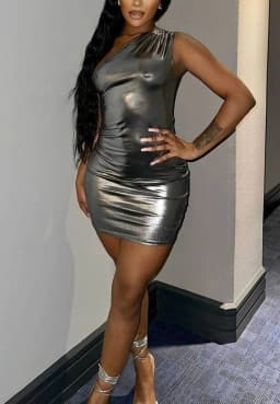 Sexy One Shoulder Bodycon Dresses For Women Solid Irregular Skinny Mini Y2K Metallic Gilding Short Mini Dress