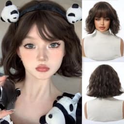 Platinum Blonde Short Bob Wavy Synthetic Wig with Bangs Fluffy Natural Heat Resistant Fiber Cosplay Daily Party Wig for Women