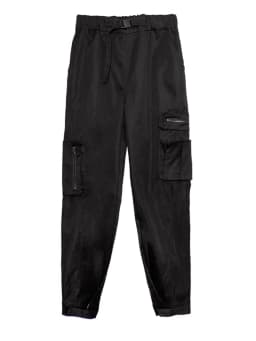 [EAM] High Elastic Waist Black Belted Zipper Pockets Pants New Loose Fit Trousers Women Fashion Tide Spring Autumn 2026 1DF4632