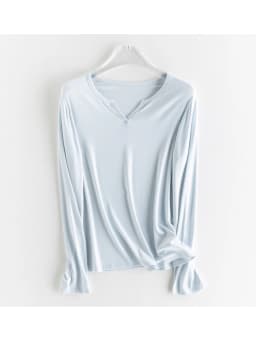 SuyaDream Women Solid T Shirt, Silk Viscose Blend, V Neck, Long Sleeves Chic Shirt 2025 Spring Summer Cozy Top, White, Grey