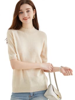 Wool Top Women's Sweater Knitwears Short Sleeve Pullover 100% Wool Half Turtleneck Sweater for Women Knit Jumper Female Clothing