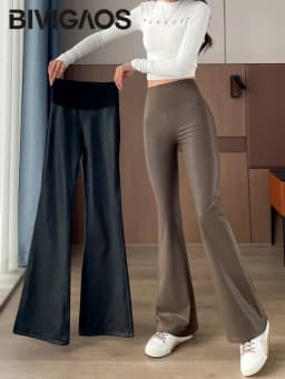 BIVIGAOS Autumn Winter Light Fleece Micro Flared Leather Pants Women's Fashion Tight Elastic PU Leather Splicing Flared Leggings