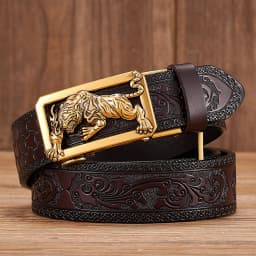 Fashion Tiger Buckle with Tang Grass Pattern Split Leather Belt for Men Work of Art Belt Automatic Buckle Business Belt