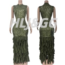 HLJ Sexy Sequin Patchwork Bodycon Dresses for Woman Mesh Shining Sleeveless Ruffle Dress Female Party Clubwear Vestidos 2025 New