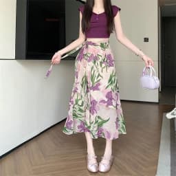High Waist A-Line Floral Print Chiffon Halter Neck Dress Women's Summer New Style Belted Wrap Skirt Casual Polyester Fiber