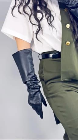 Unisex Black Real Leather Gloves Oversize Puff Sleeves Wide Elbow Long Genuine Goatskin Winter Warm Glove Evening Party Costume