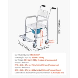 SucceBuy 350 lbs Bedside Commode Chair with Wheels 4-in-1 Portable Raised Toilet Seat with Padded Seat/Backrest/Flip-up Footrest