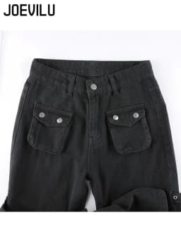 Metal Button High Waisted Straight Leg Jeans Drop Crotch Trousers Streetwear Hip Hop Fashion Y2K Cargo Denim Pants for Women