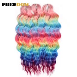 FREEDOM Synthetic Braiding Hair Extensions Deep Wavy 24 inch Long Curly Braids Hair Ombre Brown Rainbow Twist Crochet Hair