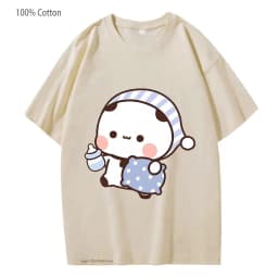 Couple Shirts Kawaii Cute BuBu Panda Going To Sleep with DuDu Bear Graphic Tshirt Cotton Men Women Clothes Long Sleeve Tees