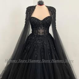 Exquisite Gothic Wedding Dress Customized Sweetheart Stones Beading Black A Line Corset Bridal Gown with Detachable Tulle Cape