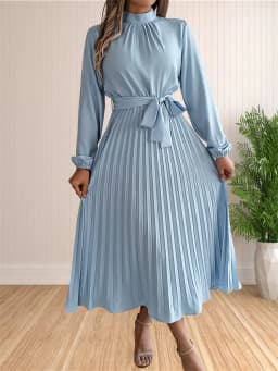 Women's Long Dresses Summer Elegant Pleated Long Sleeveed Lace Up Dresses Beach Boho Wrap Ruffle Hem Swing Sundress