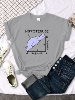 Women T-Shirt Hippo Sleeping On Math Problem Printing Shirt Females O-Neck Loose Oversize Top Slim Kawaii Animal Ladies T Shirt