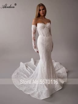 Alonlivn Customize Made Beauty Lace Fitted Beaded 2 In 1 Mermaid Wedding Gowns Trumpet Removable Train Bridal Gowns