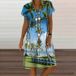 Natural Scenery Summer Tropic Beach Style 3D Print Dresses For Women Oversized Short Sleeve Loose Clothing Casual V-Neck Dress