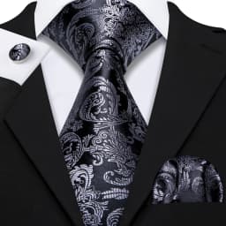 Barry.Wang Black White Gray Silver Men Tie Handkerchief Cufflinks Set Jacquard Necktie for Male Wedding Business Party Gift